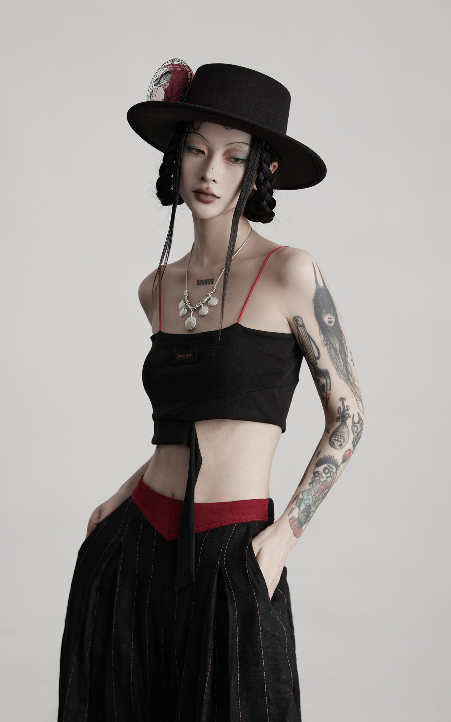 DOINDULGE Structured Ribbon Cami Top with Red Beaded Straps