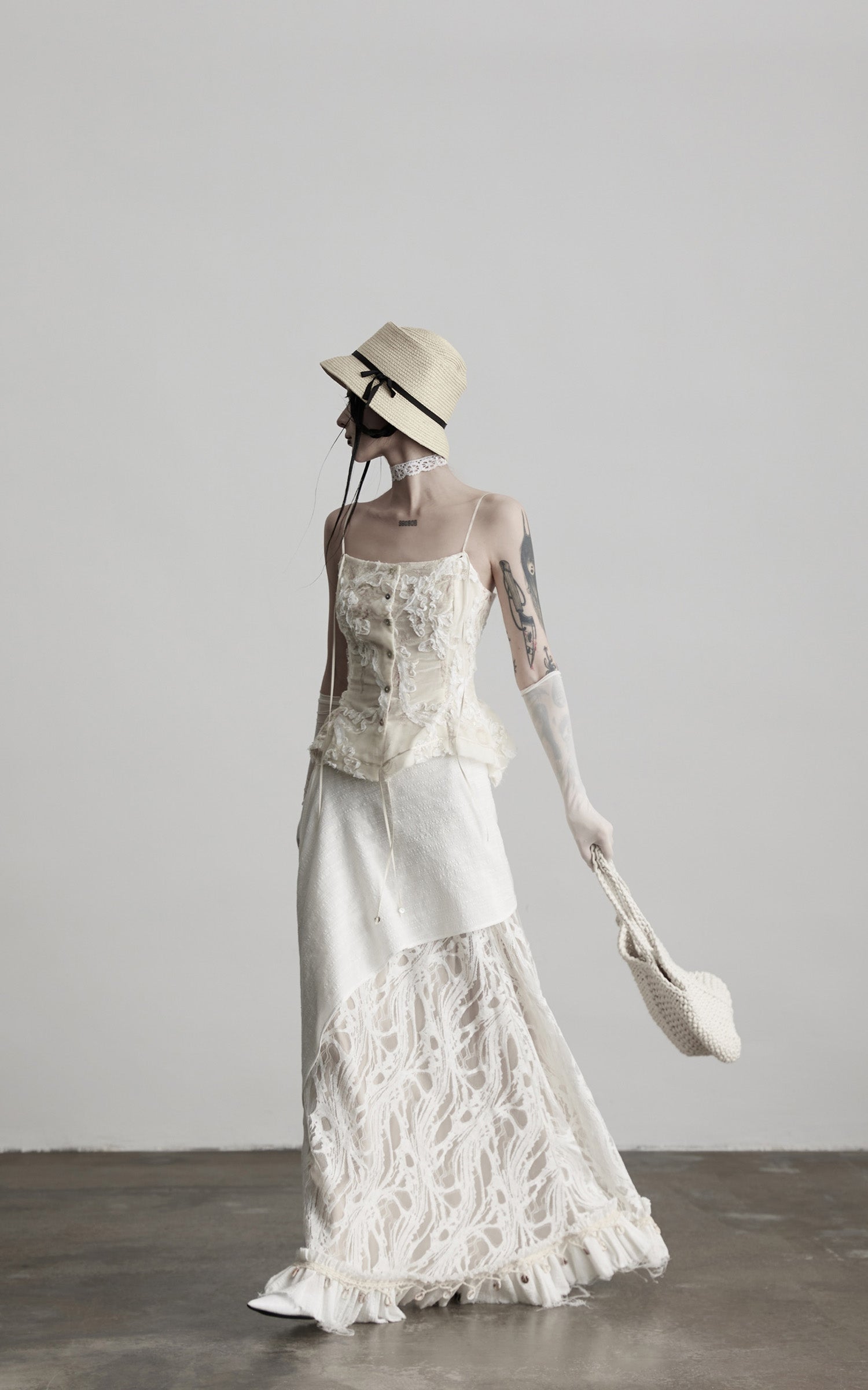 DOINDULGE Embroidered Lace Patchwork Maxi Skirt with Draped Overlay and Shell Trim