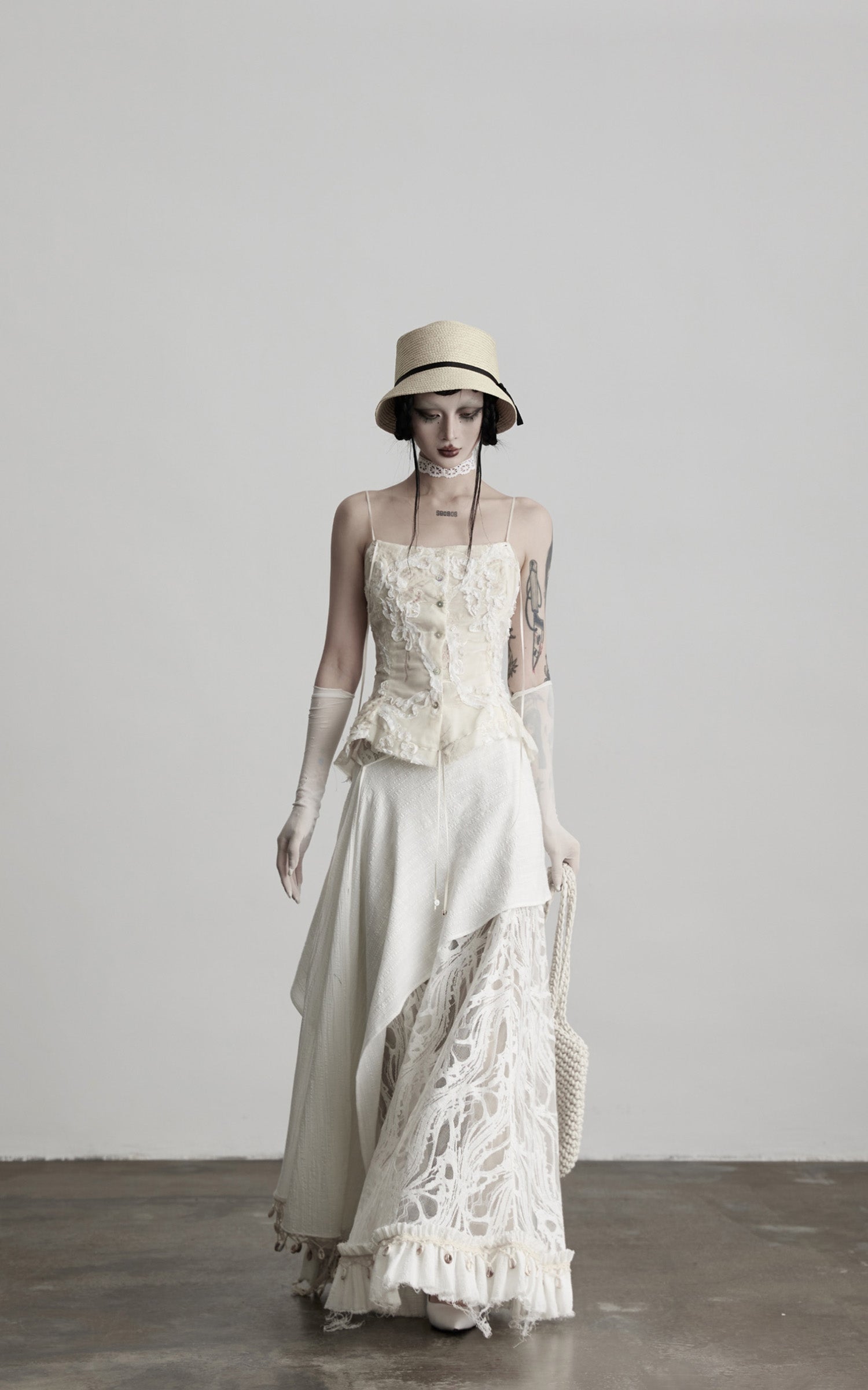 DOINDULGE Embroidered Lace Patchwork Maxi Skirt with Draped Overlay and Shell Trim