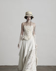 DOINDULGE Embroidered Lace Patchwork Maxi Skirt with Draped Overlay and Shell Trim