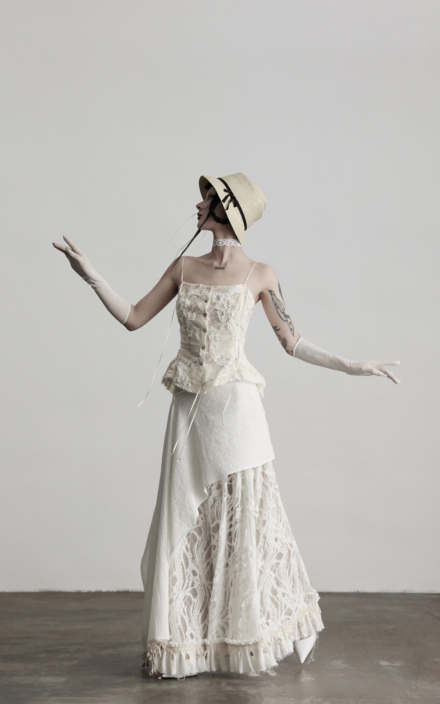 DOINDULGE Embroidered Lace Patchwork Maxi Skirt with Draped Overlay and Shell Trim