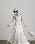 DOINDULGE Embroidered Lace Patchwork Maxi Skirt with Draped Overlay and Shell Trim