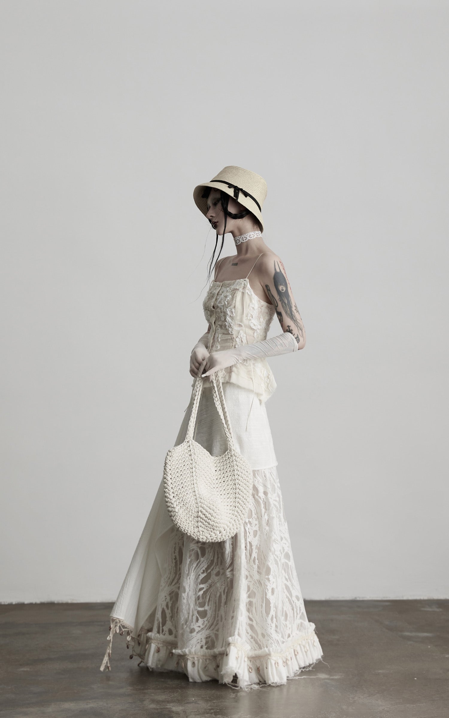 DOINDULGE Embroidered Lace Patchwork Maxi Skirt with Draped Overlay and Shell Trim