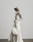 DOINDULGE Embroidered Lace Patchwork Maxi Skirt with Draped Overlay and Shell Trim