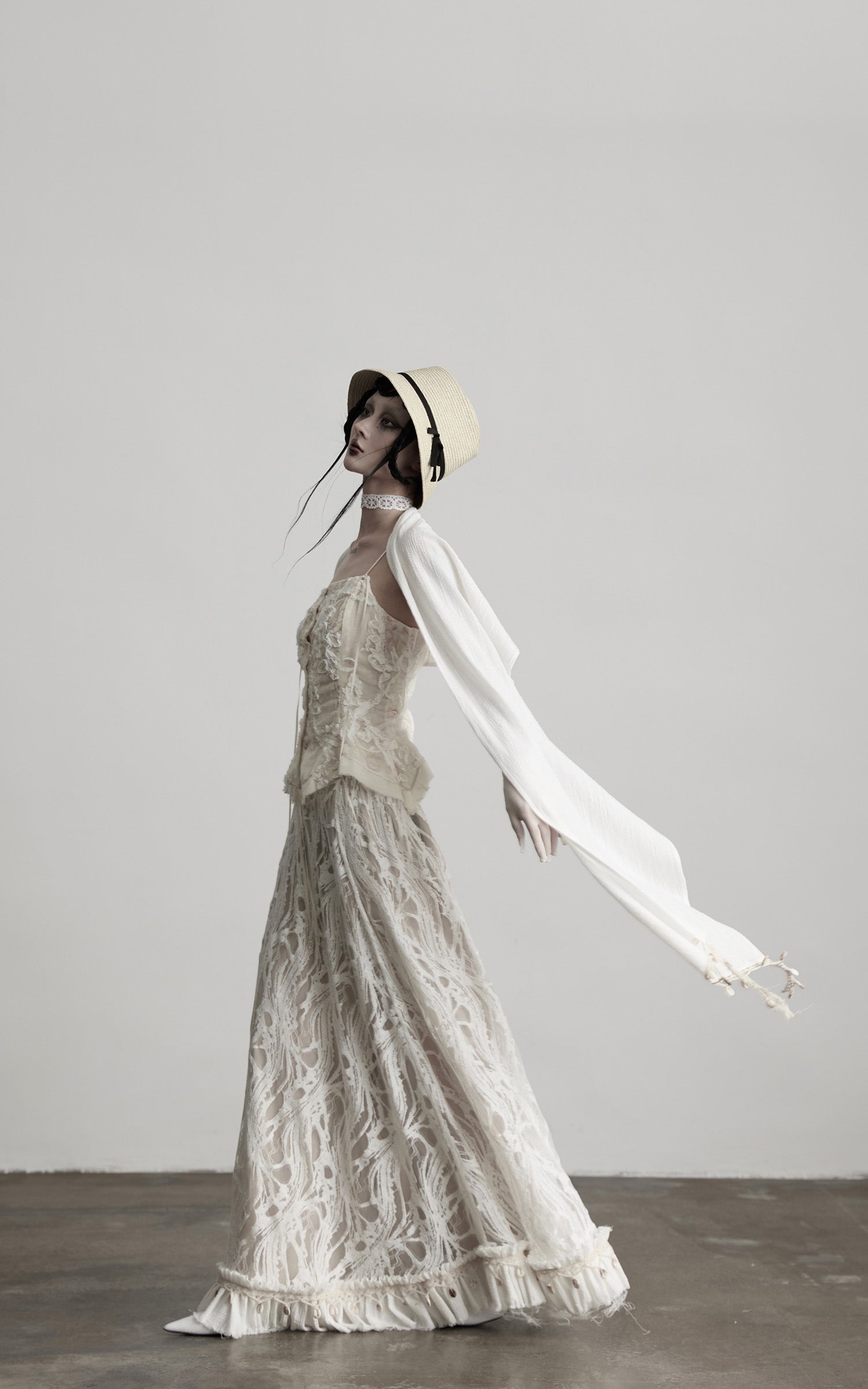 DOINDULGE Embroidered Lace Patchwork Maxi Skirt with Draped Overlay and Shell Trim