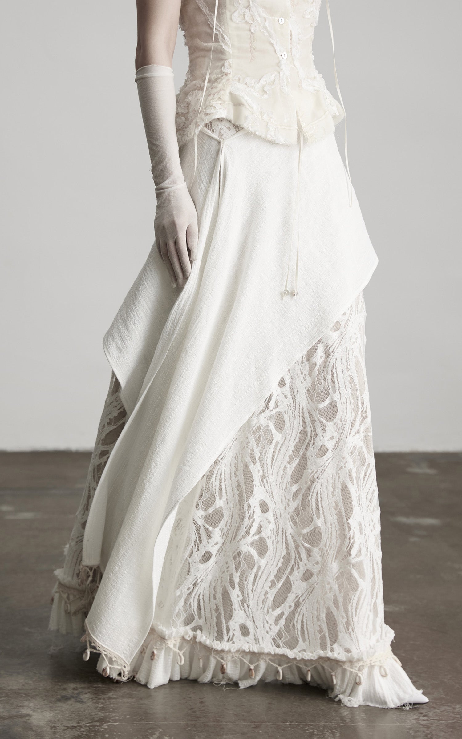 DOINDULGE Embroidered Lace Patchwork Maxi Skirt with Draped Overlay and Shell Trim