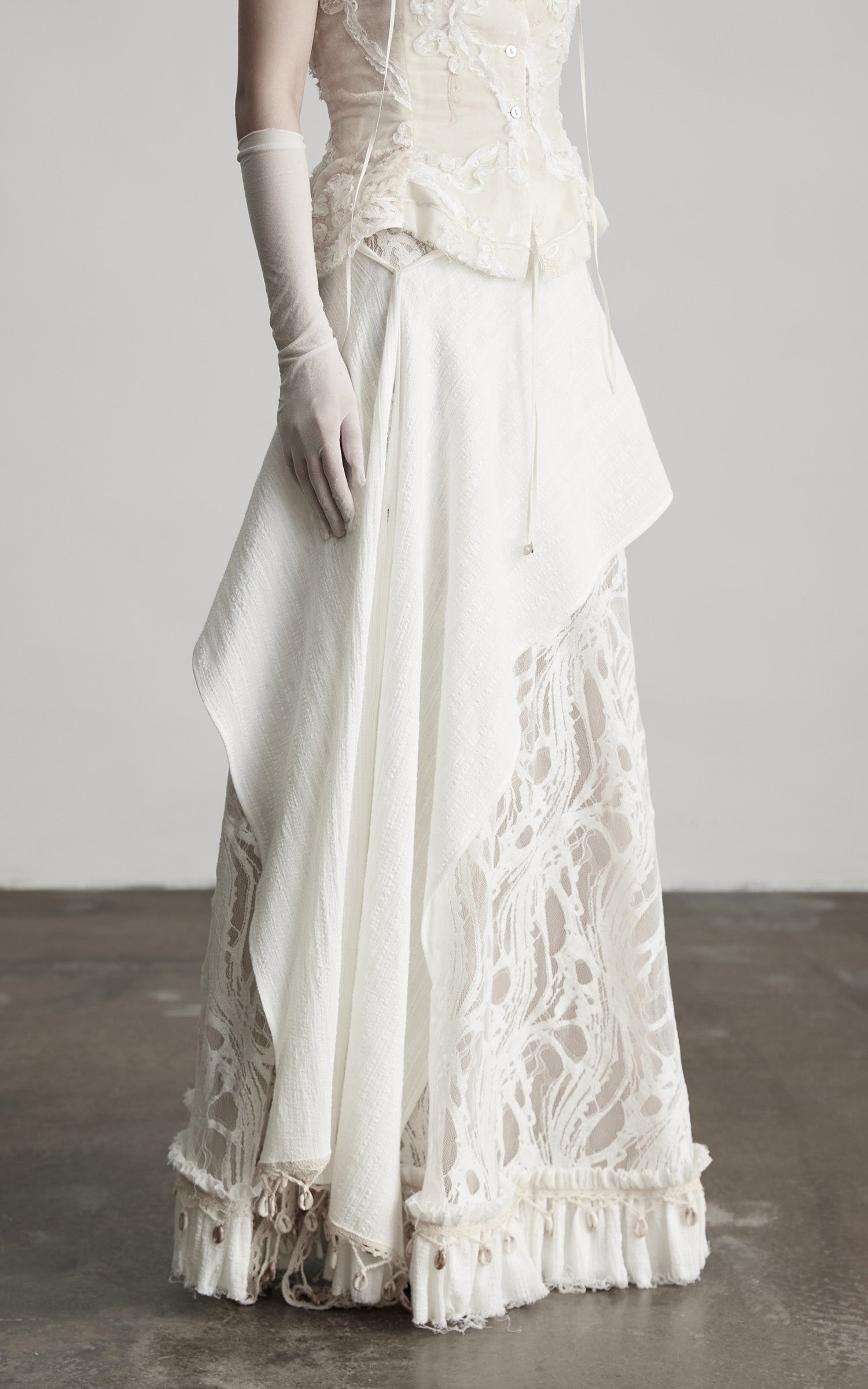 DOINDULGE Embroidered Lace Patchwork Maxi Skirt with Draped Overlay and Shell Trim