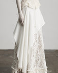 DOINDULGE Embroidered Lace Patchwork Maxi Skirt with Draped Overlay and Shell Trim