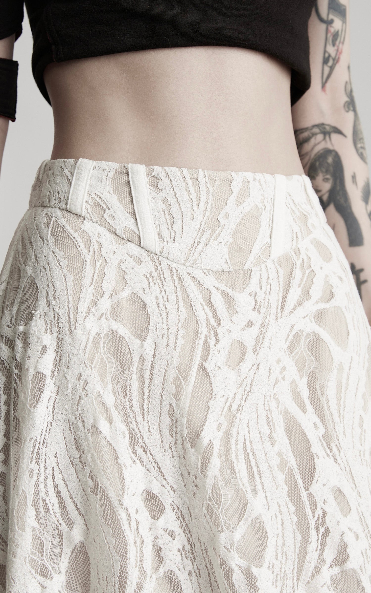 DOINDULGE Embroidered Lace Patchwork Maxi Skirt with Draped Overlay and Shell Trim