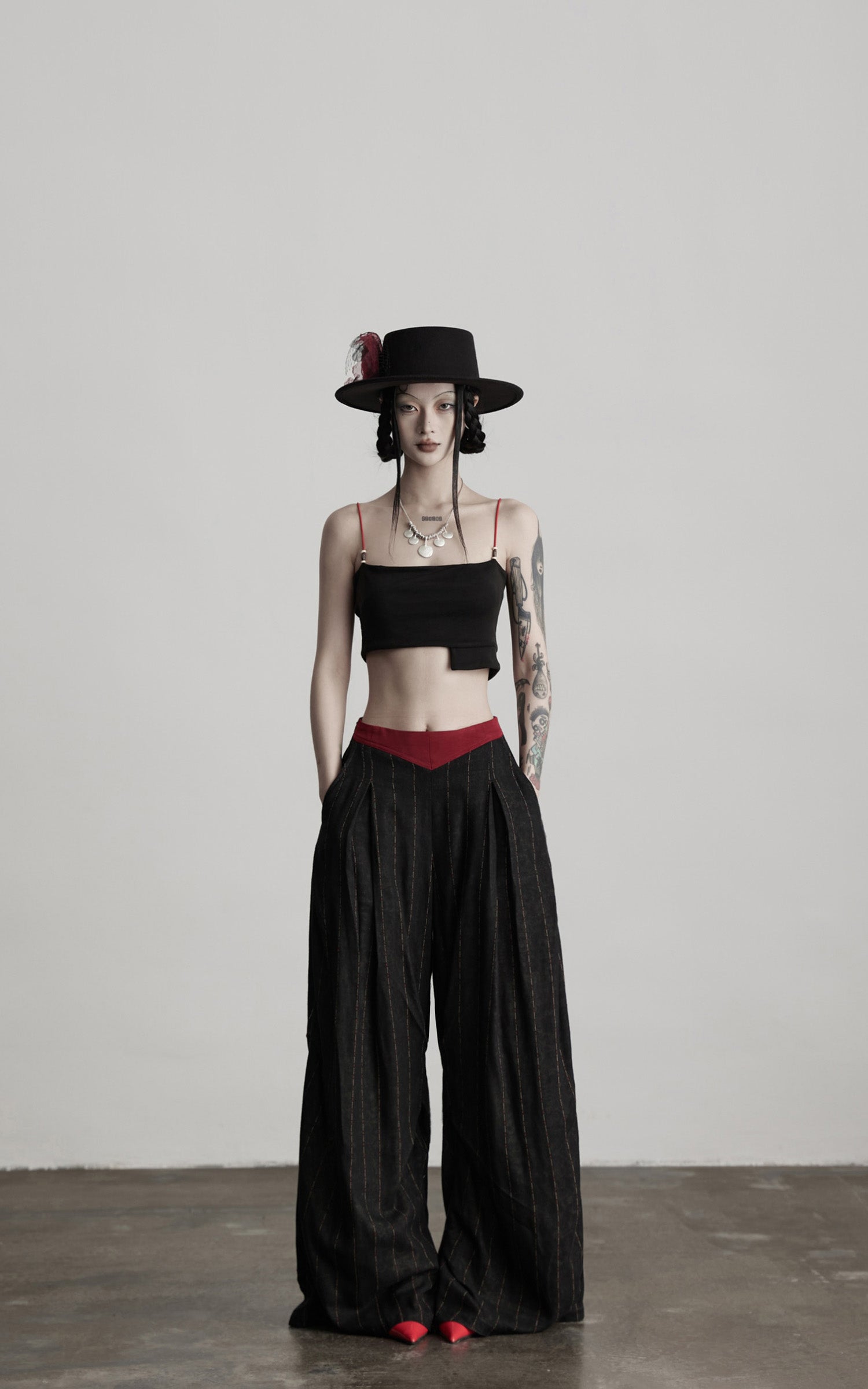 DOINDULGE Deconstructed Pinstripe Wide-Leg Pants with Contrast Waistband