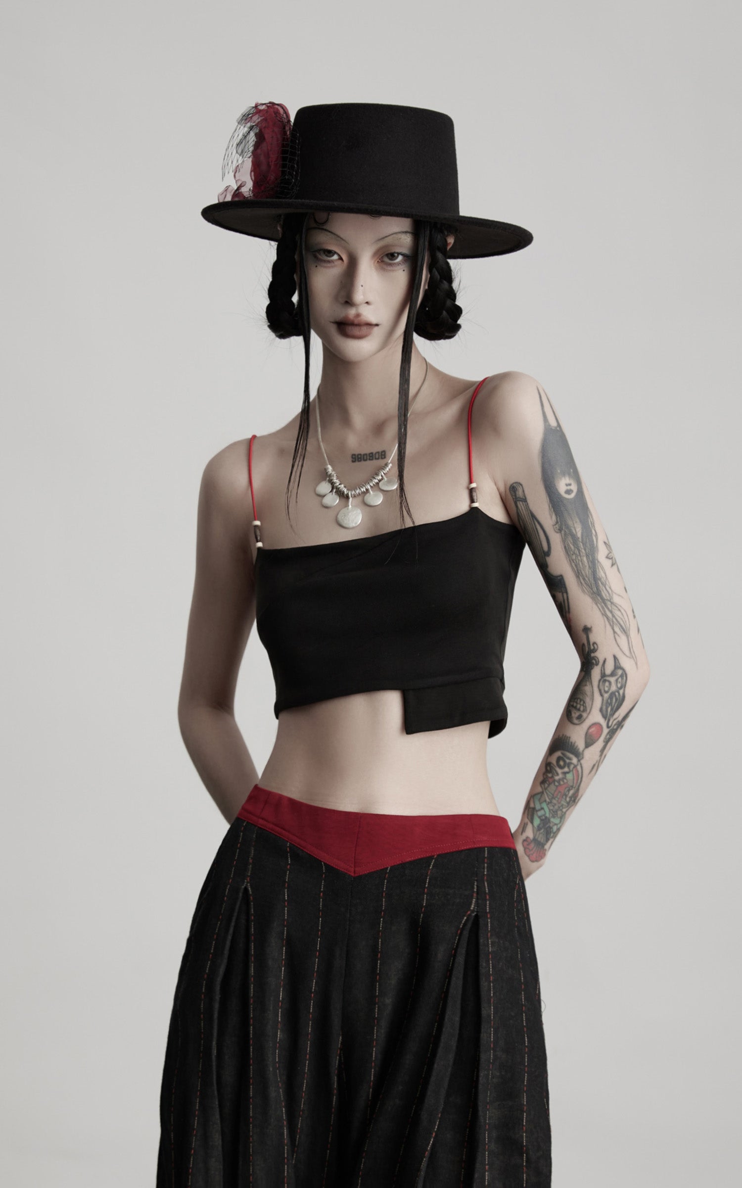 DOINDULGE Structured Ribbon Cami Top with Red Beaded Straps