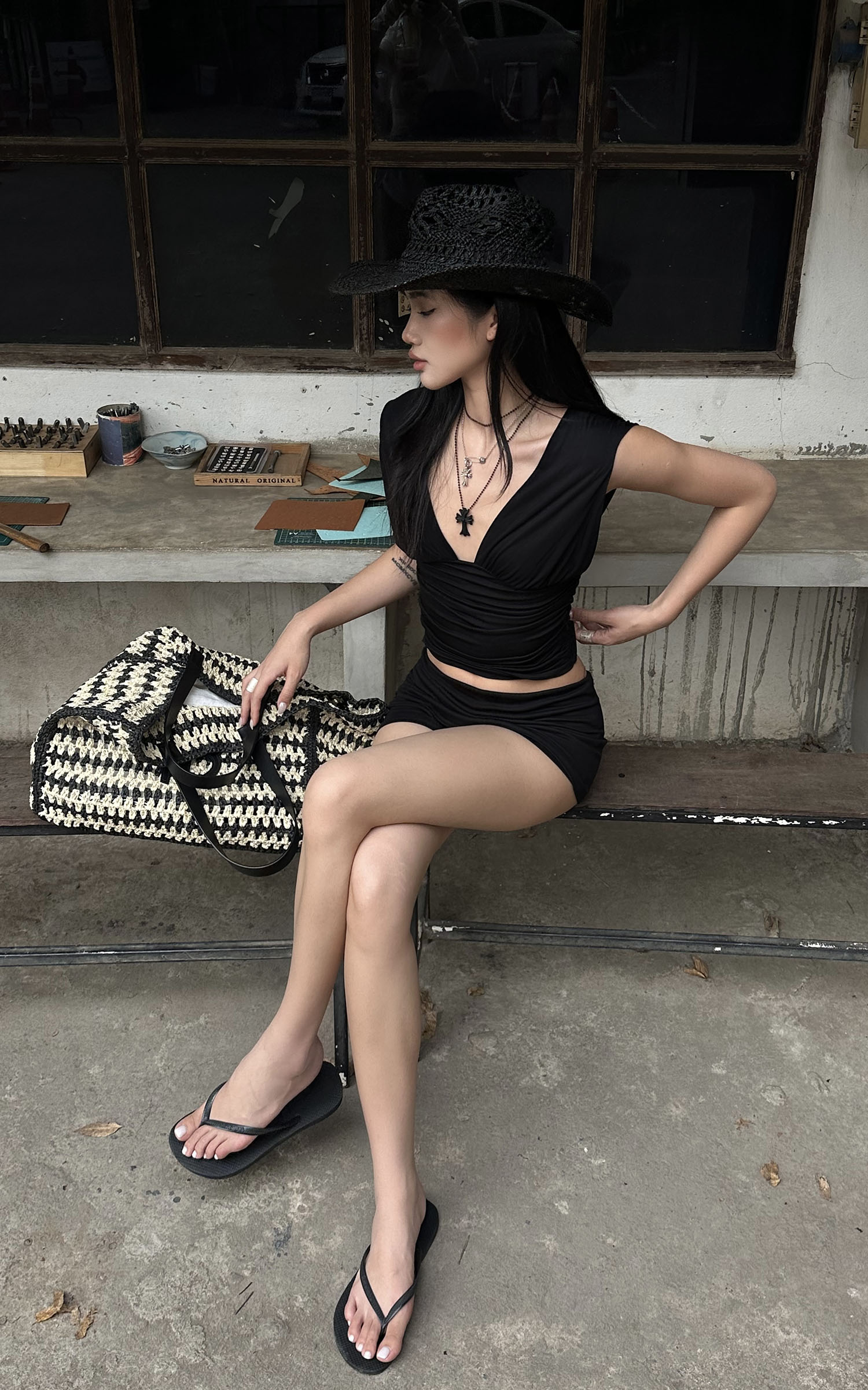 ROVENTE Gathered Tank &amp; Mini Shorts Set in Black - PINKPARKS