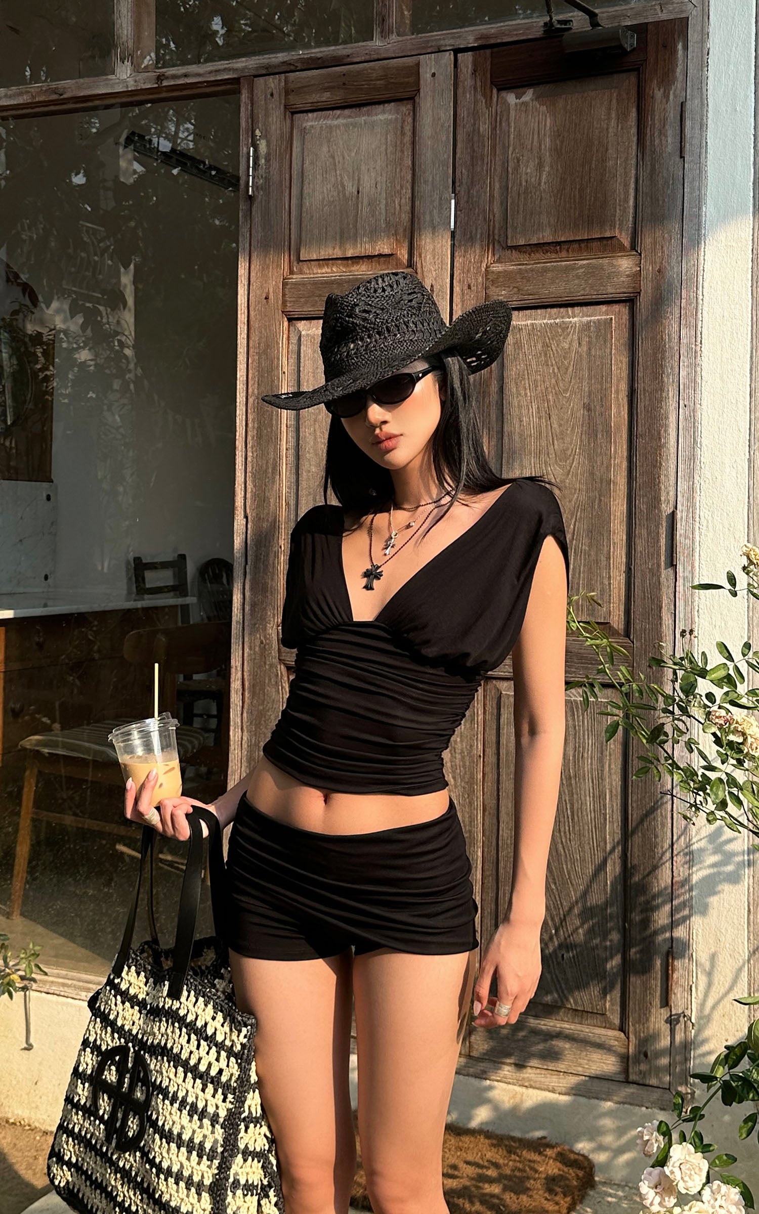 ROVENTE Gathered Tank &amp; Mini Shorts Set in Black - PINKPARKS