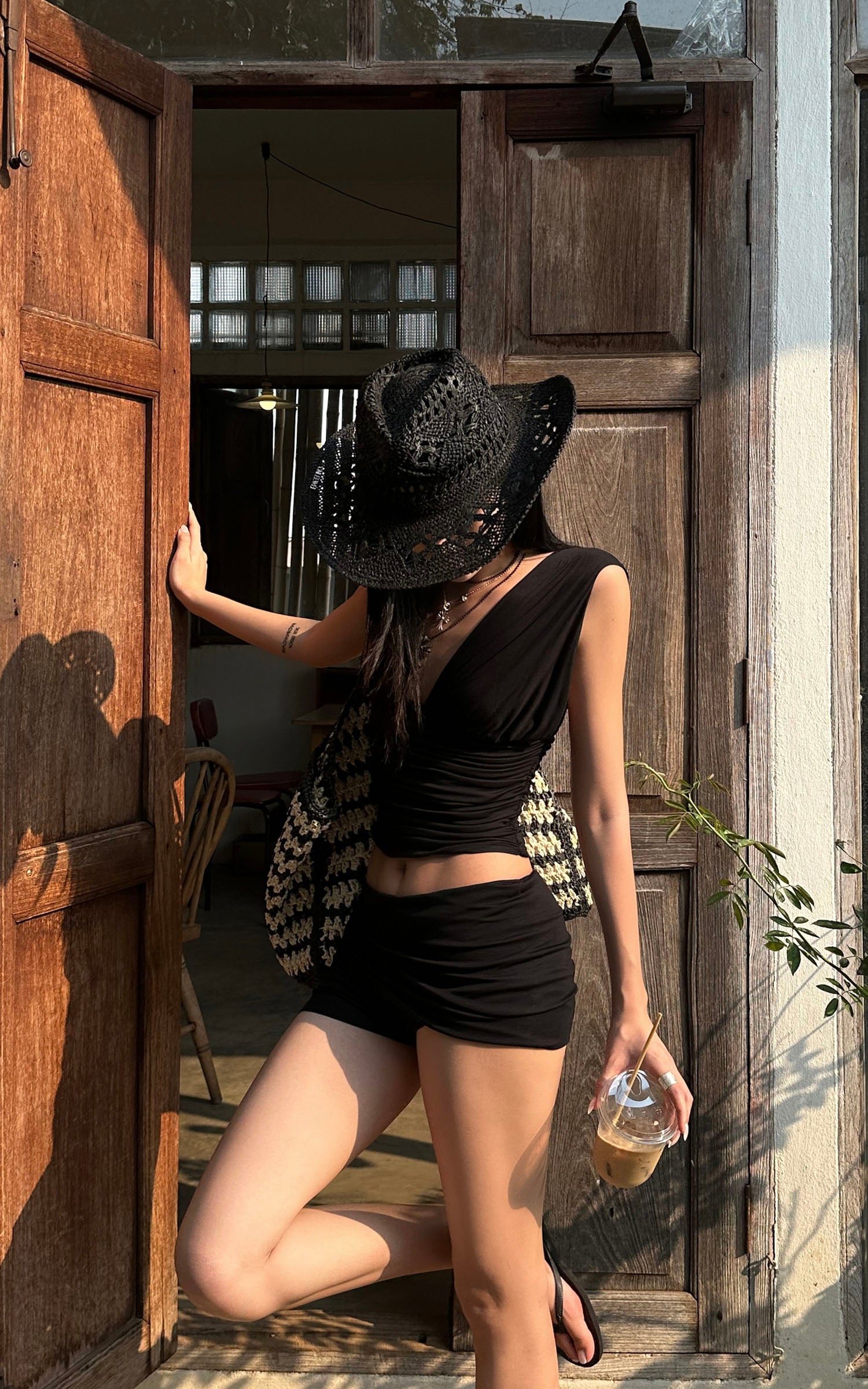 ROVENTE Gathered Tank &amp; Mini Shorts Set in Black - PINKPARKS