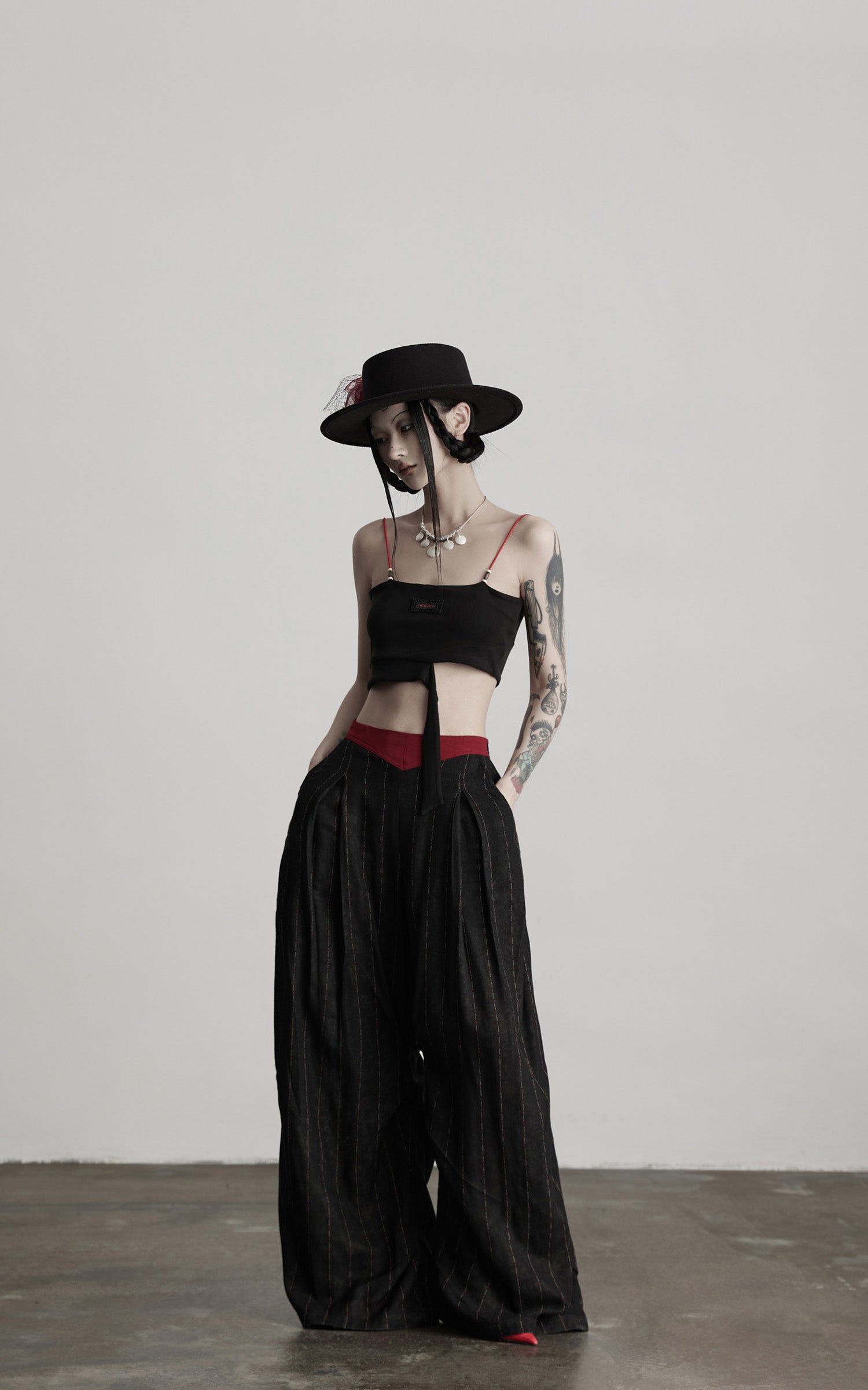 DOINDULGE Structured Ribbon Cami Top with Red Beaded Straps
