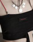 DOINDULGE Structured Ribbon Cami Top with Red Beaded Straps