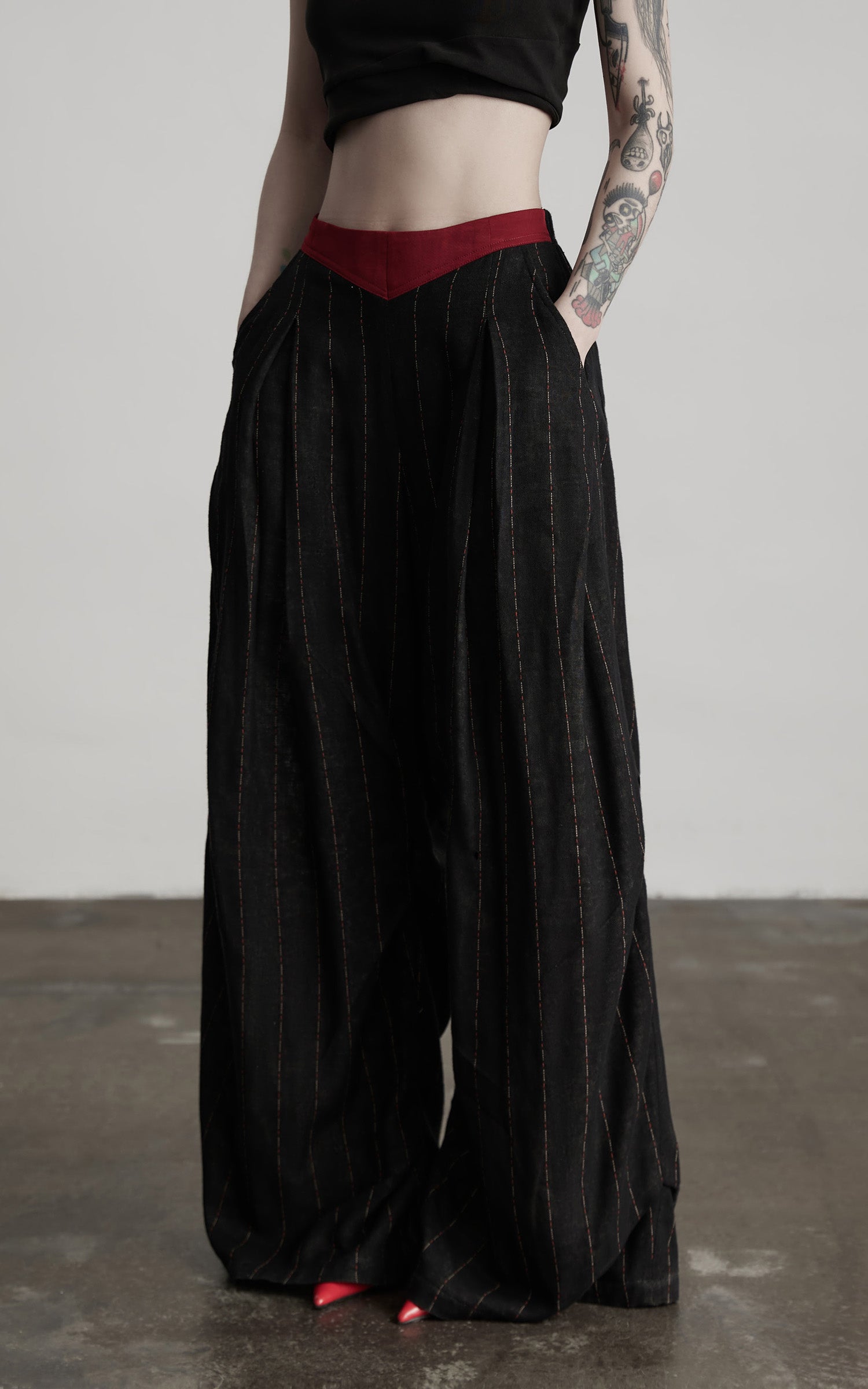 DOINDULGE Deconstructed Pinstripe Wide-Leg Pants with Contrast Waistband