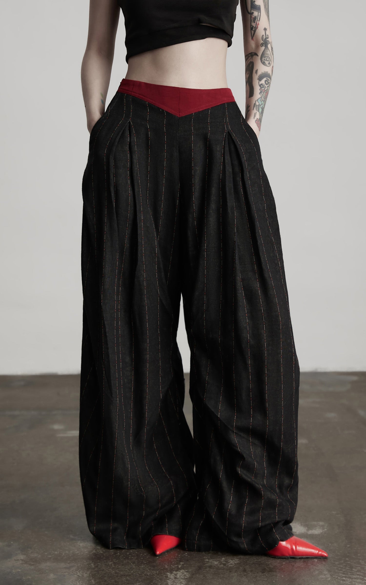 DOINDULGE Deconstructed Pinstripe Wide-Leg Pants with Contrast Waistband