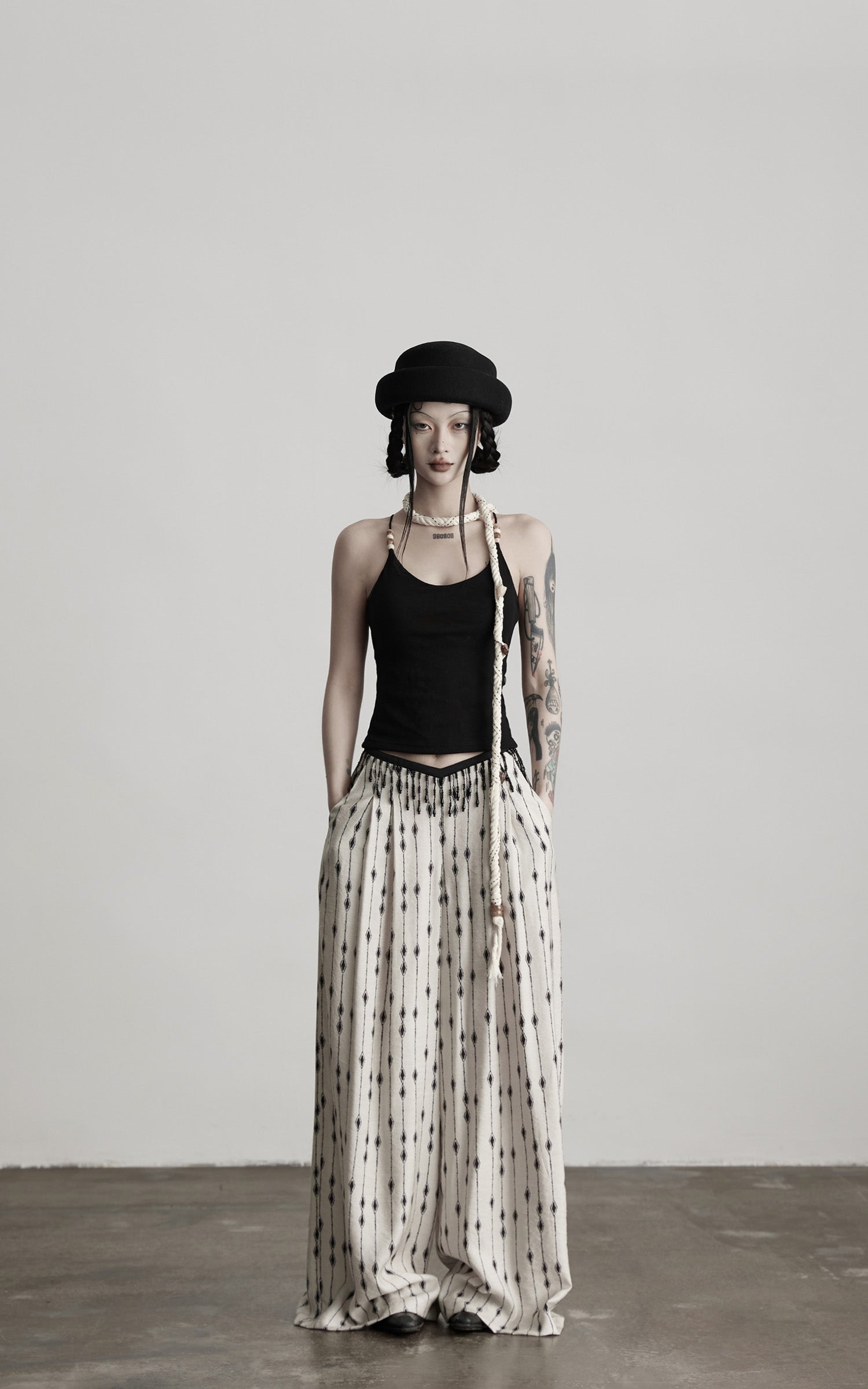 DOINDULGE Embellished Wide-Leg Pants with Beaded Draped Waistline