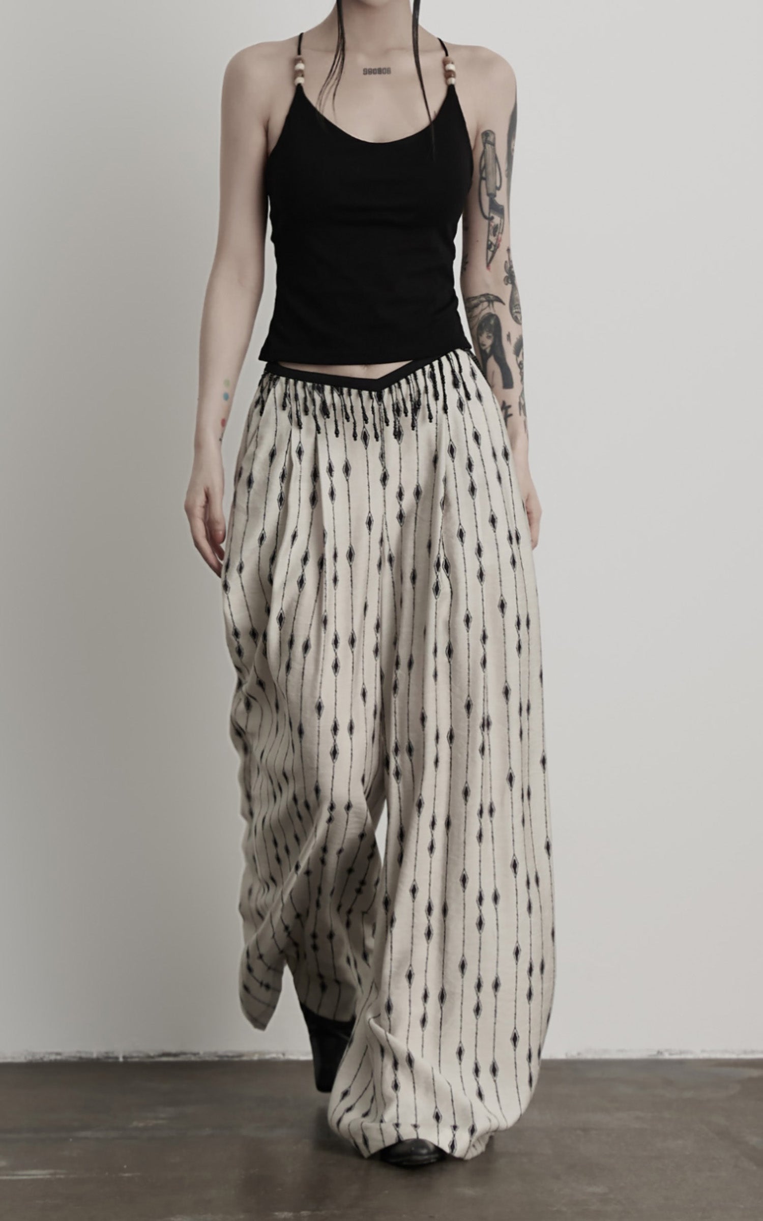 DOINDULGE Embellished Wide-Leg Pants with Beaded Draped Waistline