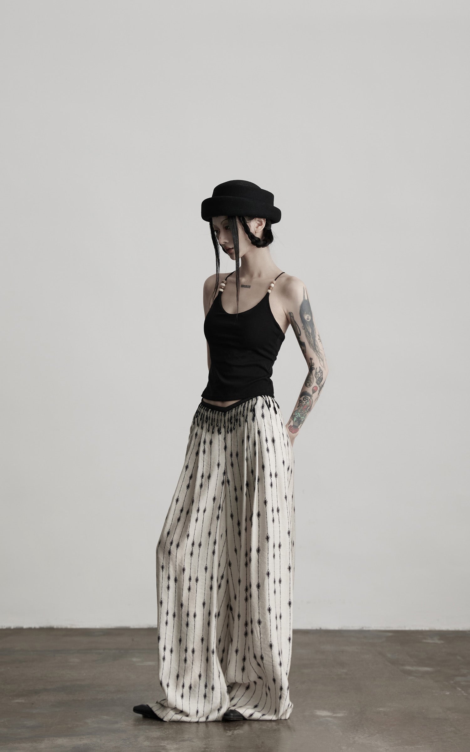 DOINDULGE Embellished Wide-Leg Pants with Beaded Draped Waistline