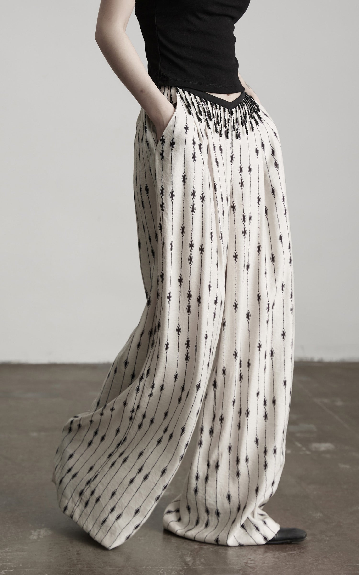 DOINDULGE Embellished Wide-Leg Pants with Beaded Draped Waistline
