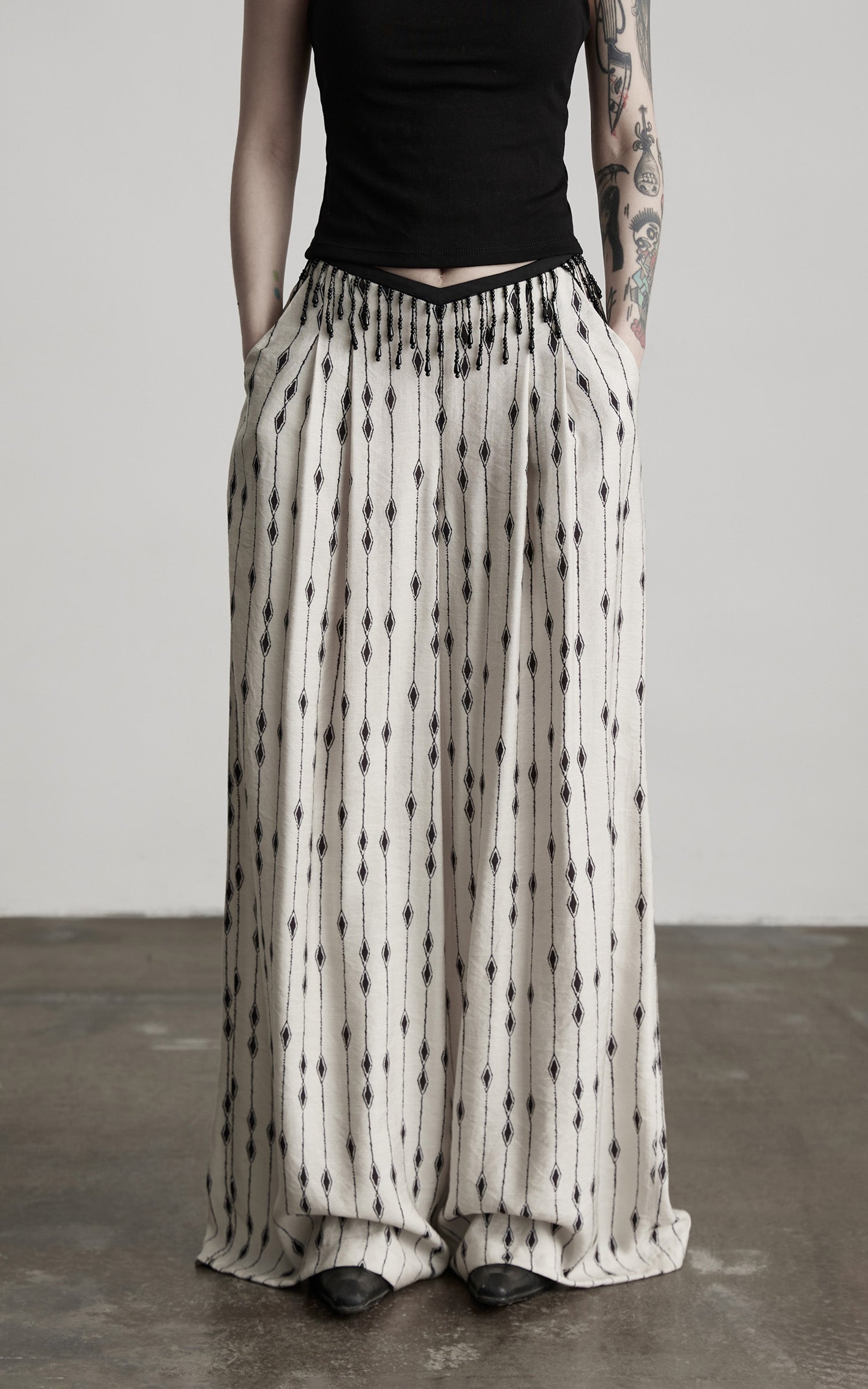 DOINDULGE Embellished Wide-Leg Pants with Beaded Draped Waistline
