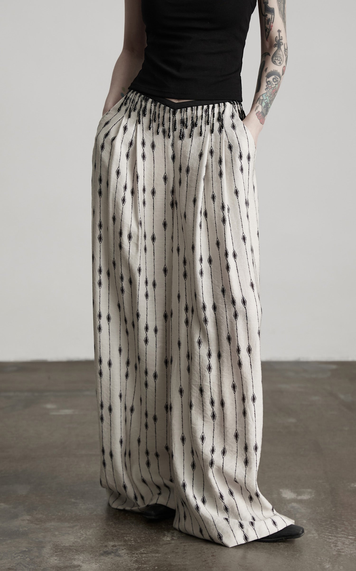 DOINDULGE Embellished Wide-Leg Pants with Beaded Draped Waistline