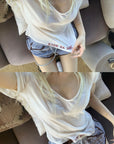 Rase le sol Deep V Cross-Stitch Gothic Letter Tee - PINKPARKS