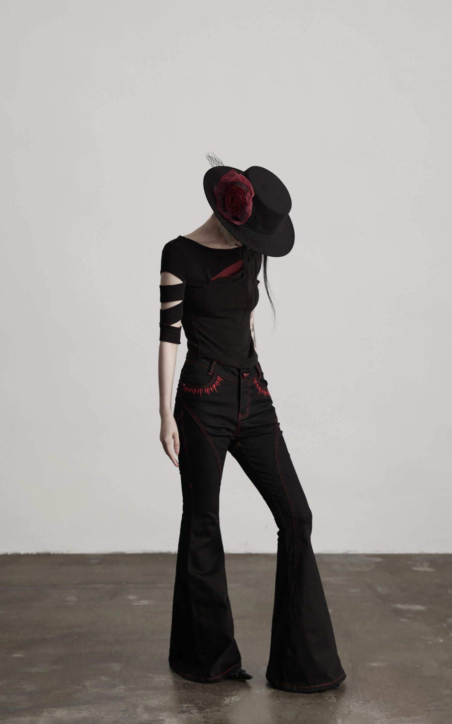 DOINDULGE Asymmetric Slashed T-Shirt with Layered Cutout Sleeves