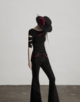 DOINDULGE Gothic Flared Pants with Red Embroidery