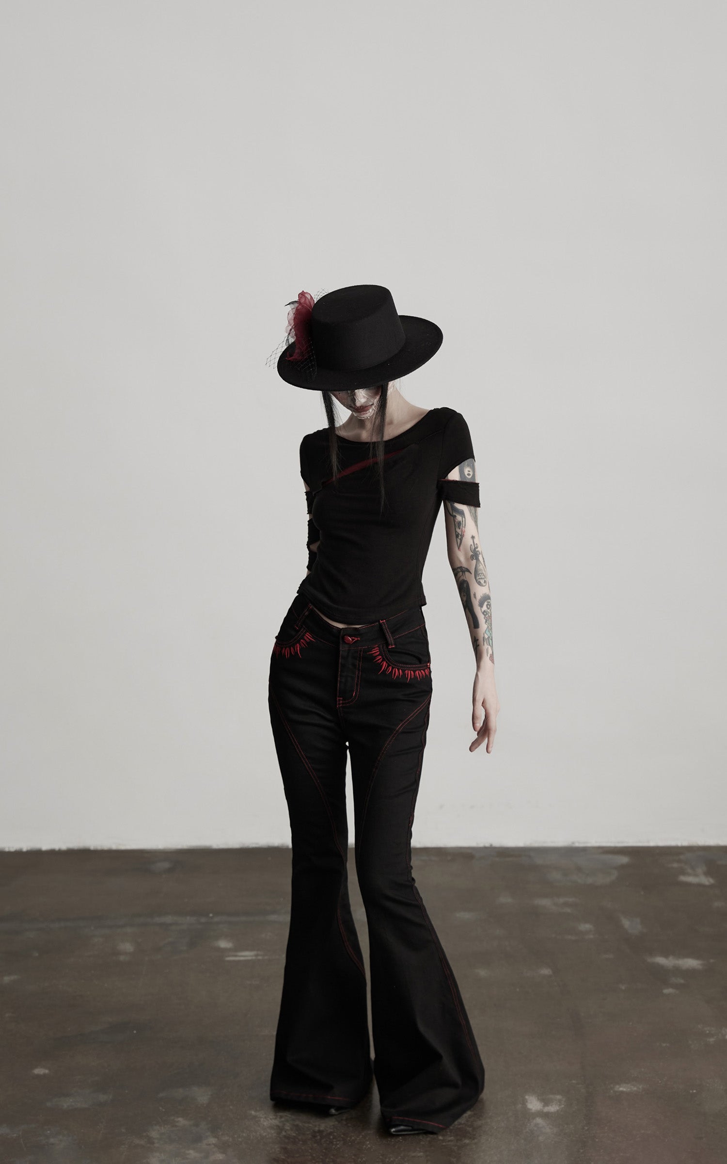 DOINDULGE Gothic Flared Pants with Red Embroidery