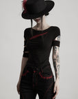 DOINDULGE Asymmetric Slashed T-Shirt with Layered Cutout Sleeves