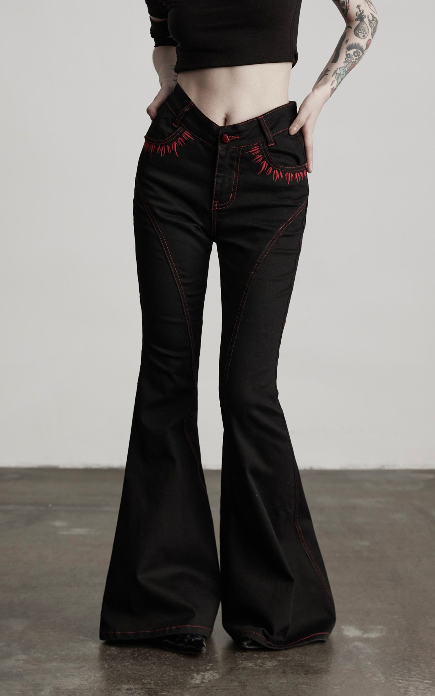 DOINDULGE Gothic Flared Pants with Red Embroidery