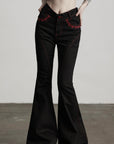 DOINDULGE Gothic Flared Pants with Red Embroidery