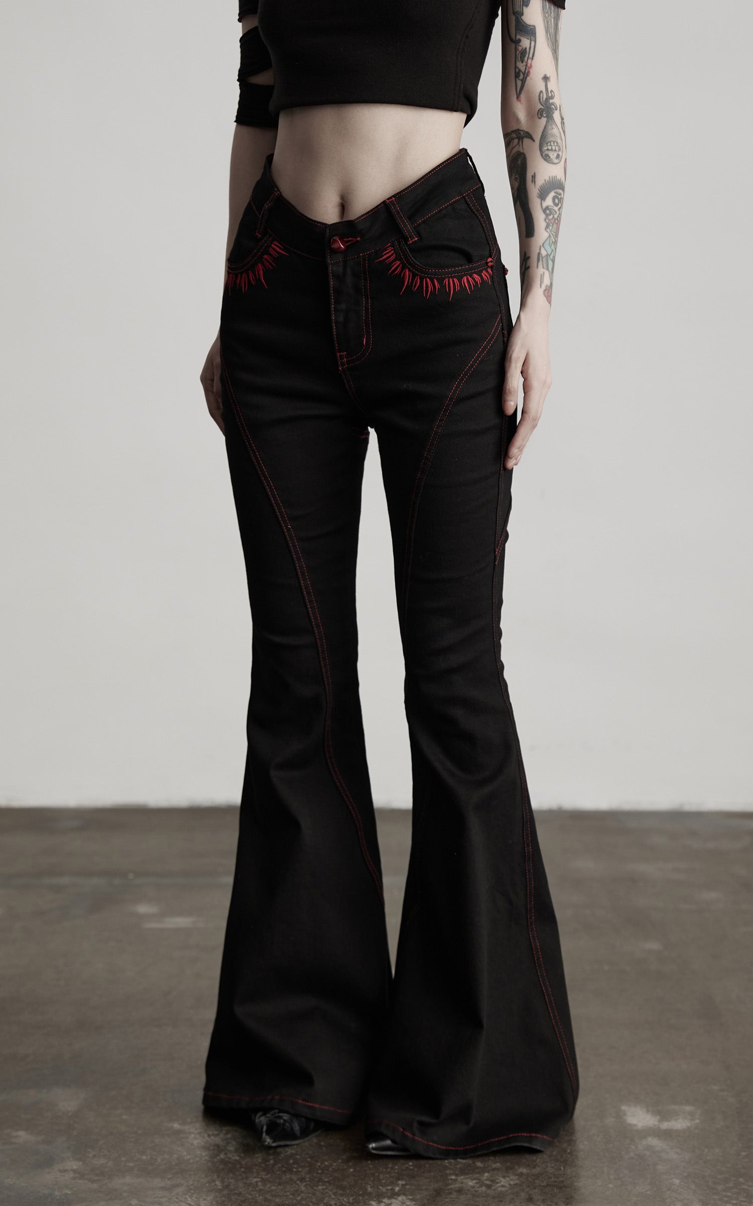 DOINDULGE Gothic Flared Pants with Red Embroidery