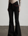 DOINDULGE Gothic Flared Pants with Red Embroidery