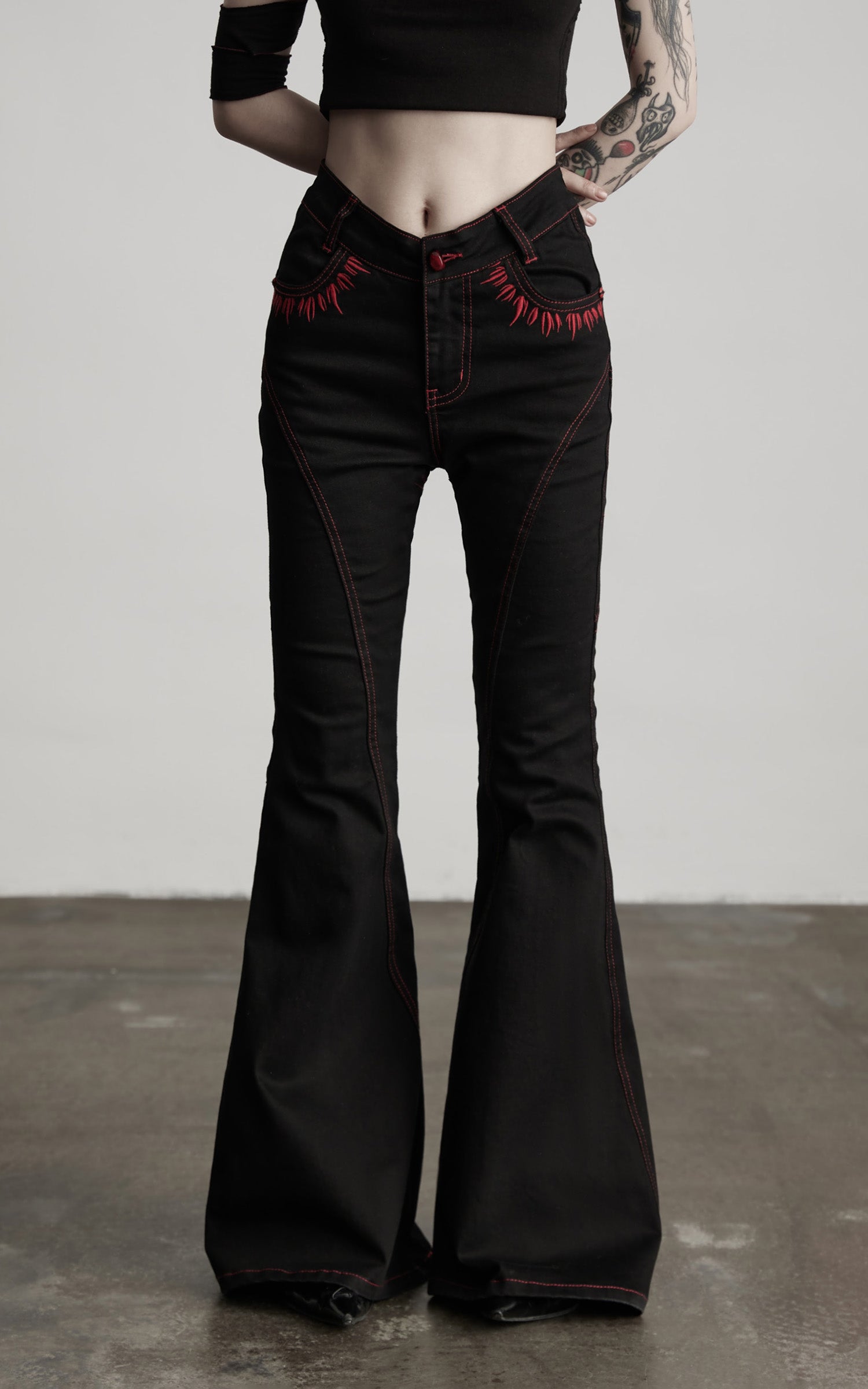 DOINDULGE Gothic Flared Pants with Red Embroidery