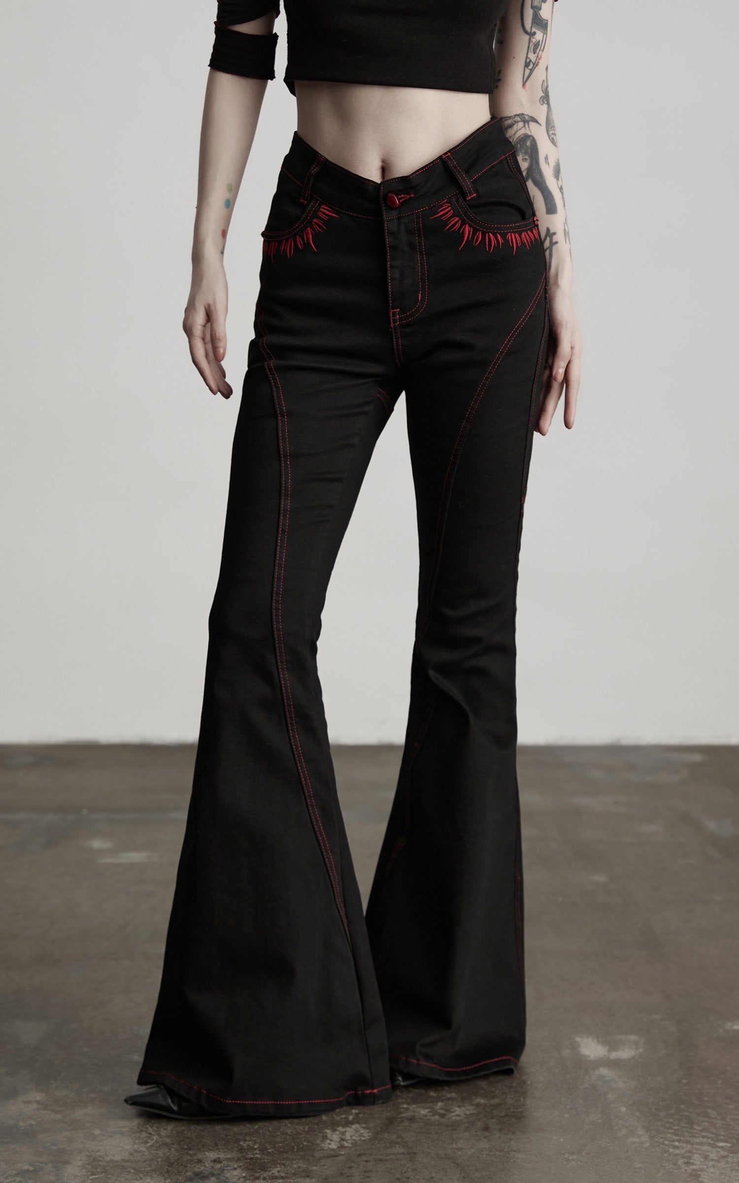 DOINDULGE Gothic Flared Pants with Red Embroidery