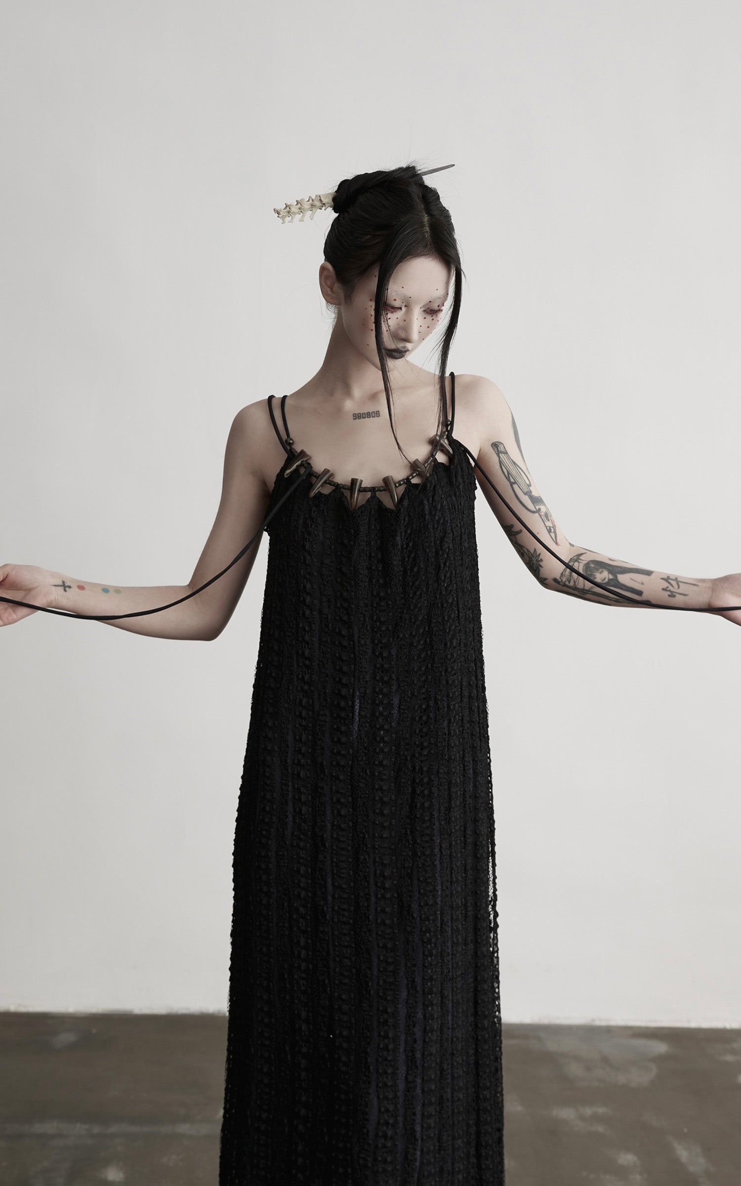 DOINDULGE Lace Panel Long Dress with Carved Horn Beads and Ring Strap Detail