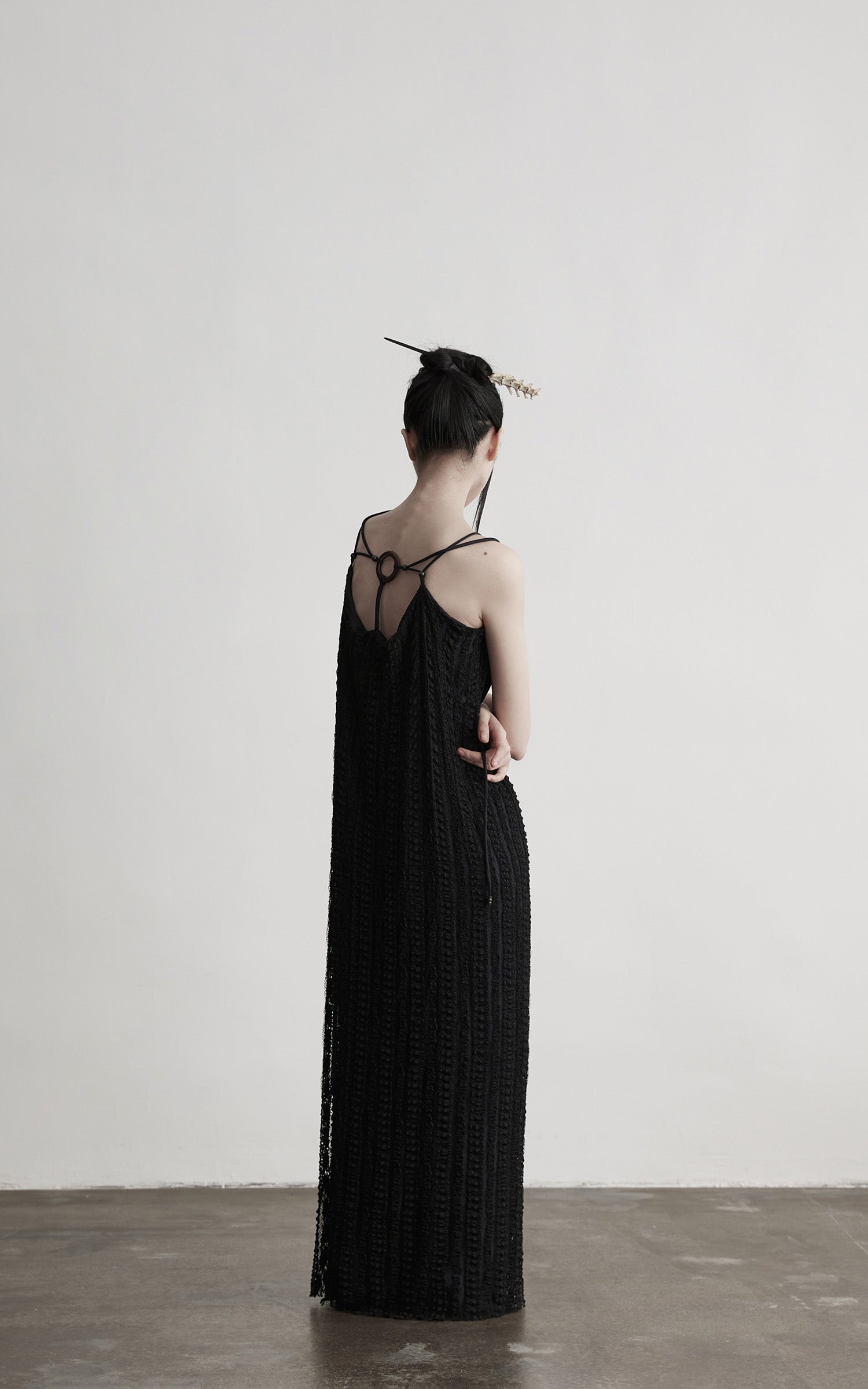 DOINDULGE Lace Panel Long Dress with Carved Horn Beads and Ring Strap Detail