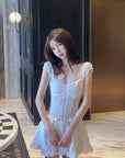 DreamyNerd Ruffle-Edge Bow Lace Mini Dress - PINKPARKS
