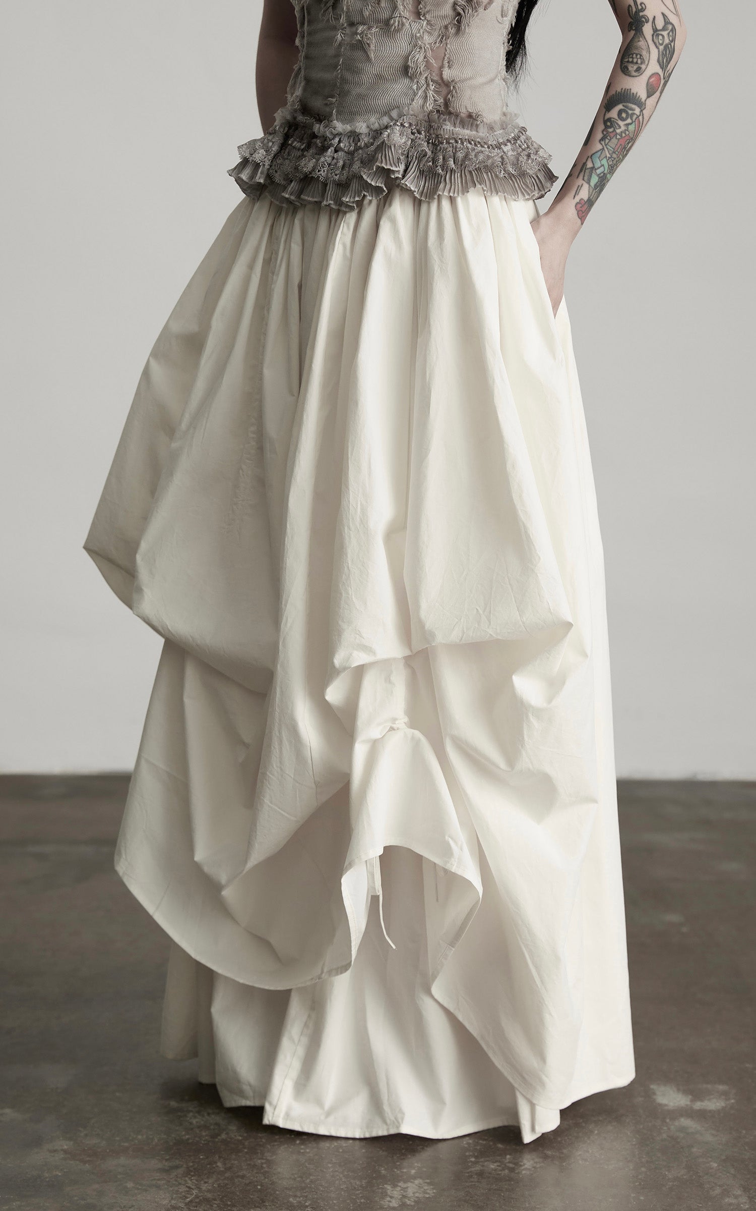 DOINDULGE Layered Cotton Skirt with Asymmetric Draped Hem
