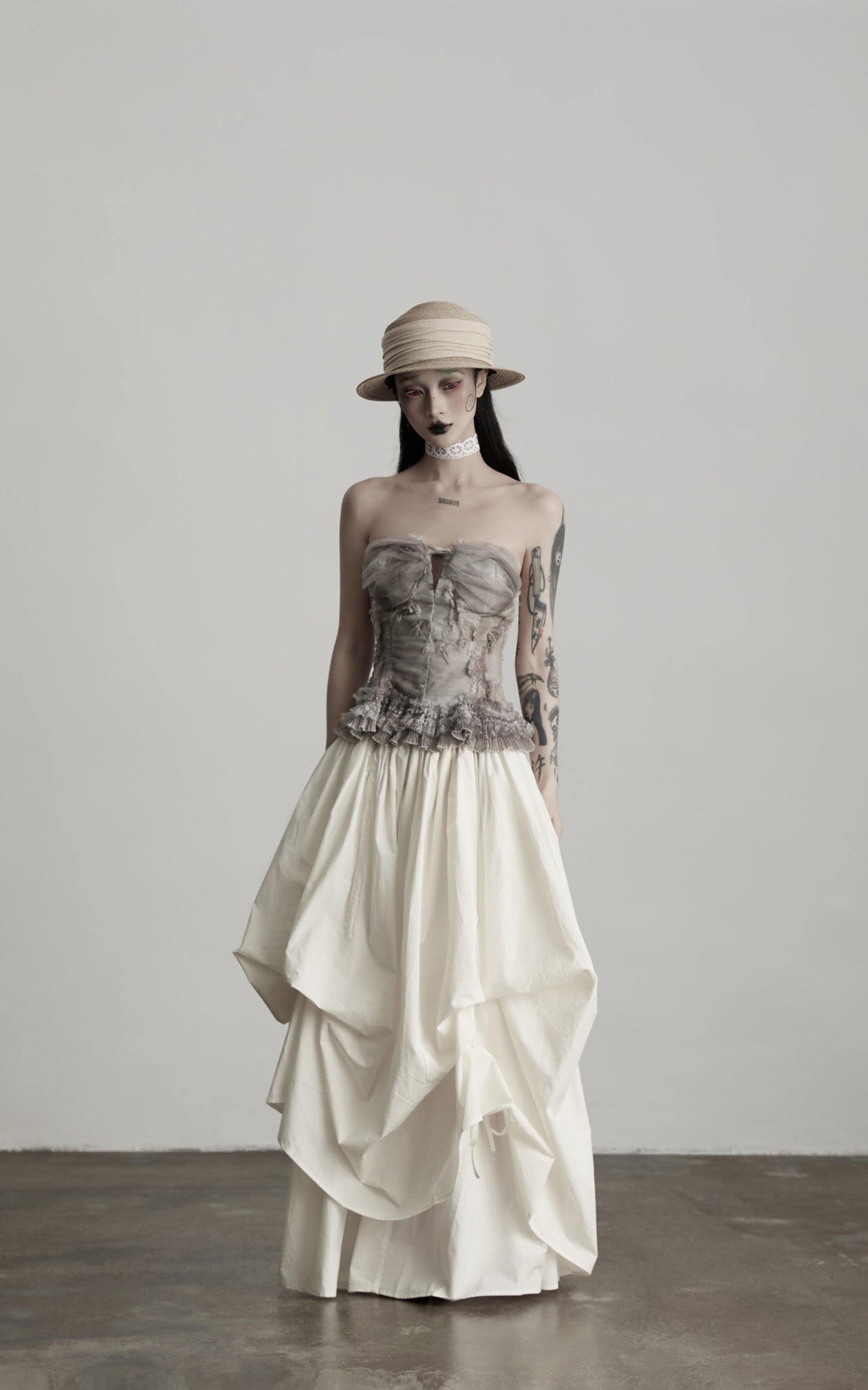 DOINDULGE Layered Cotton Skirt with Asymmetric Draped Hem
