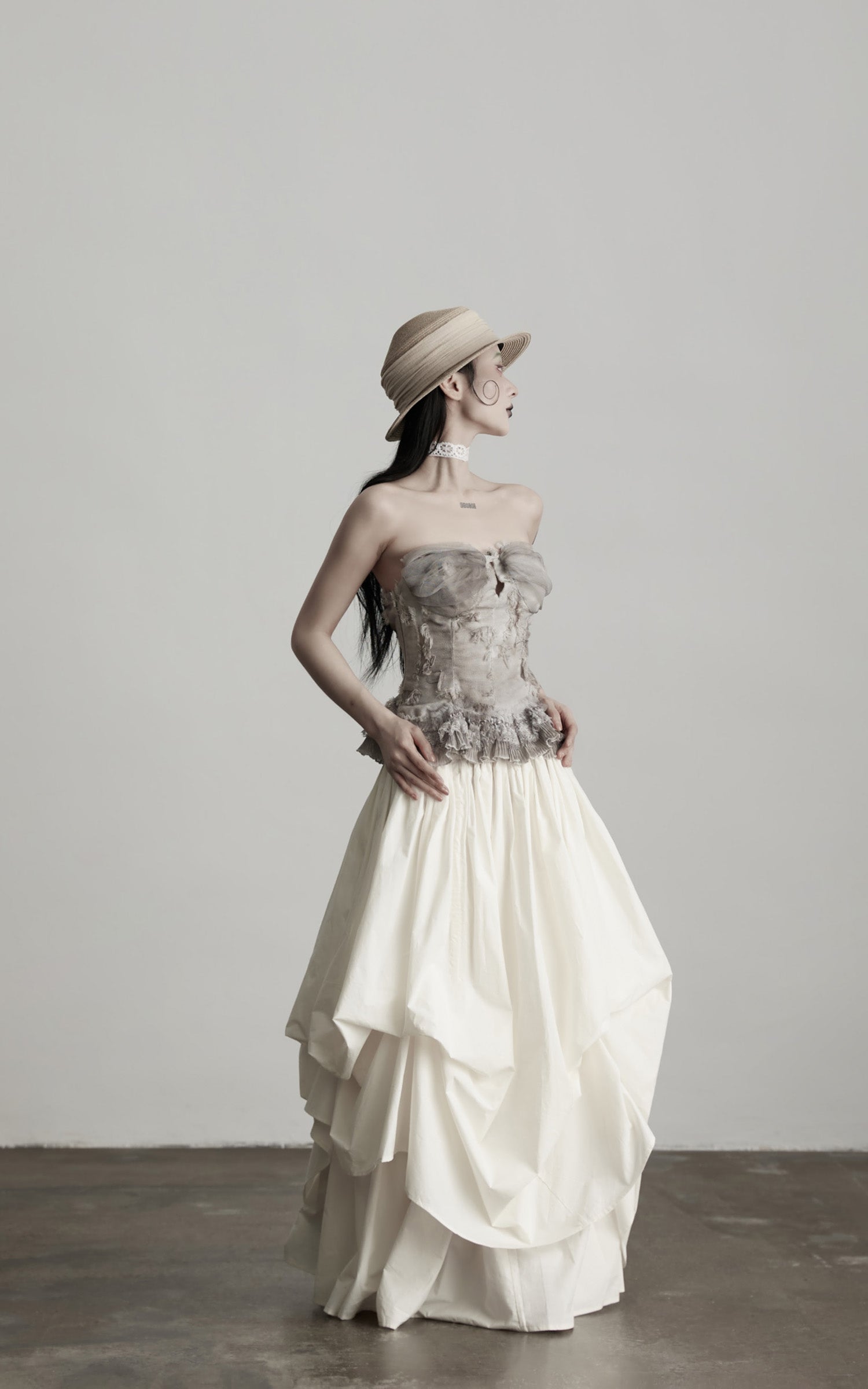 DOINDULGE Layered Cotton Skirt with Asymmetric Draped Hem