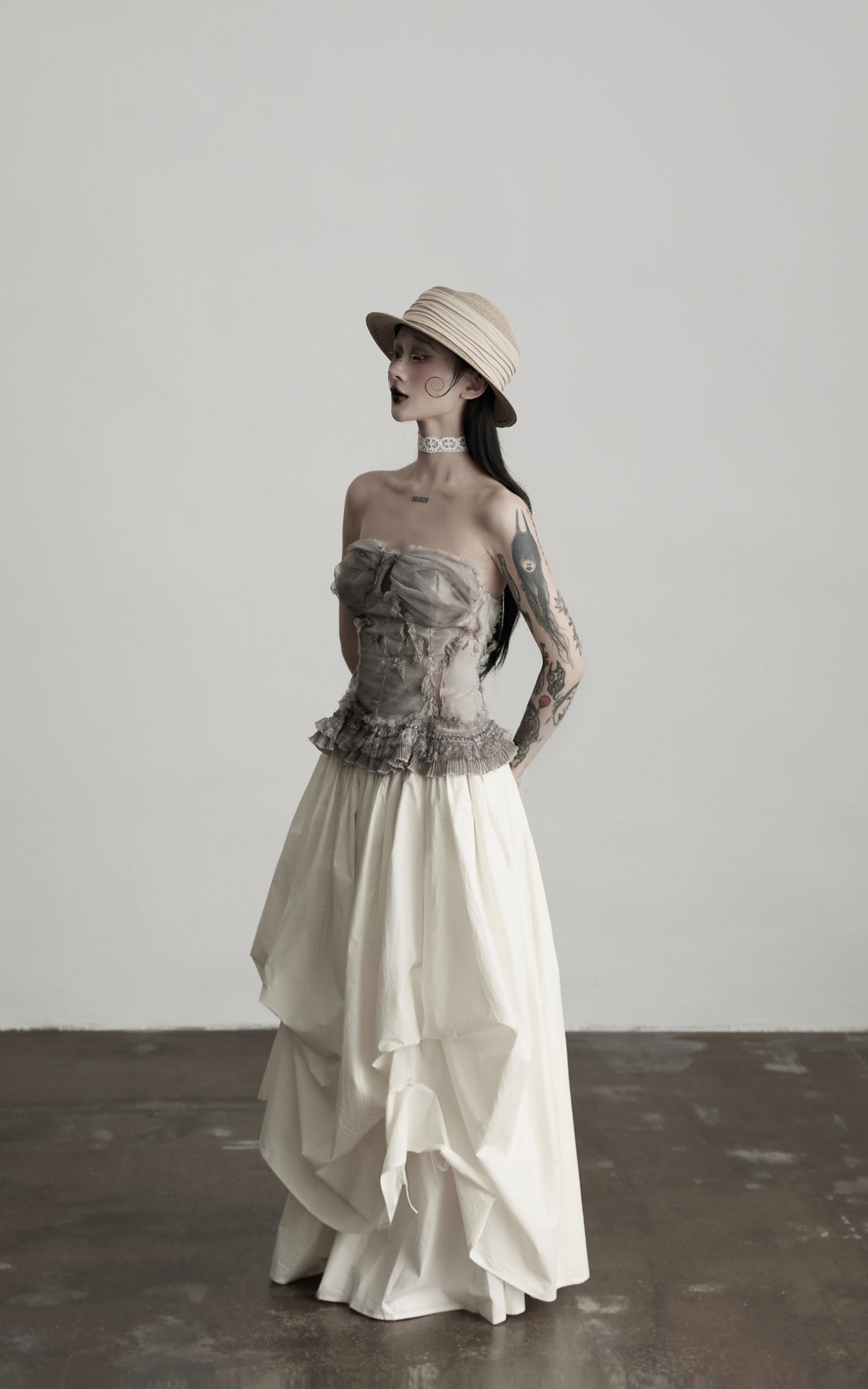 DOINDULGE Layered Cotton Skirt with Asymmetric Draped Hem