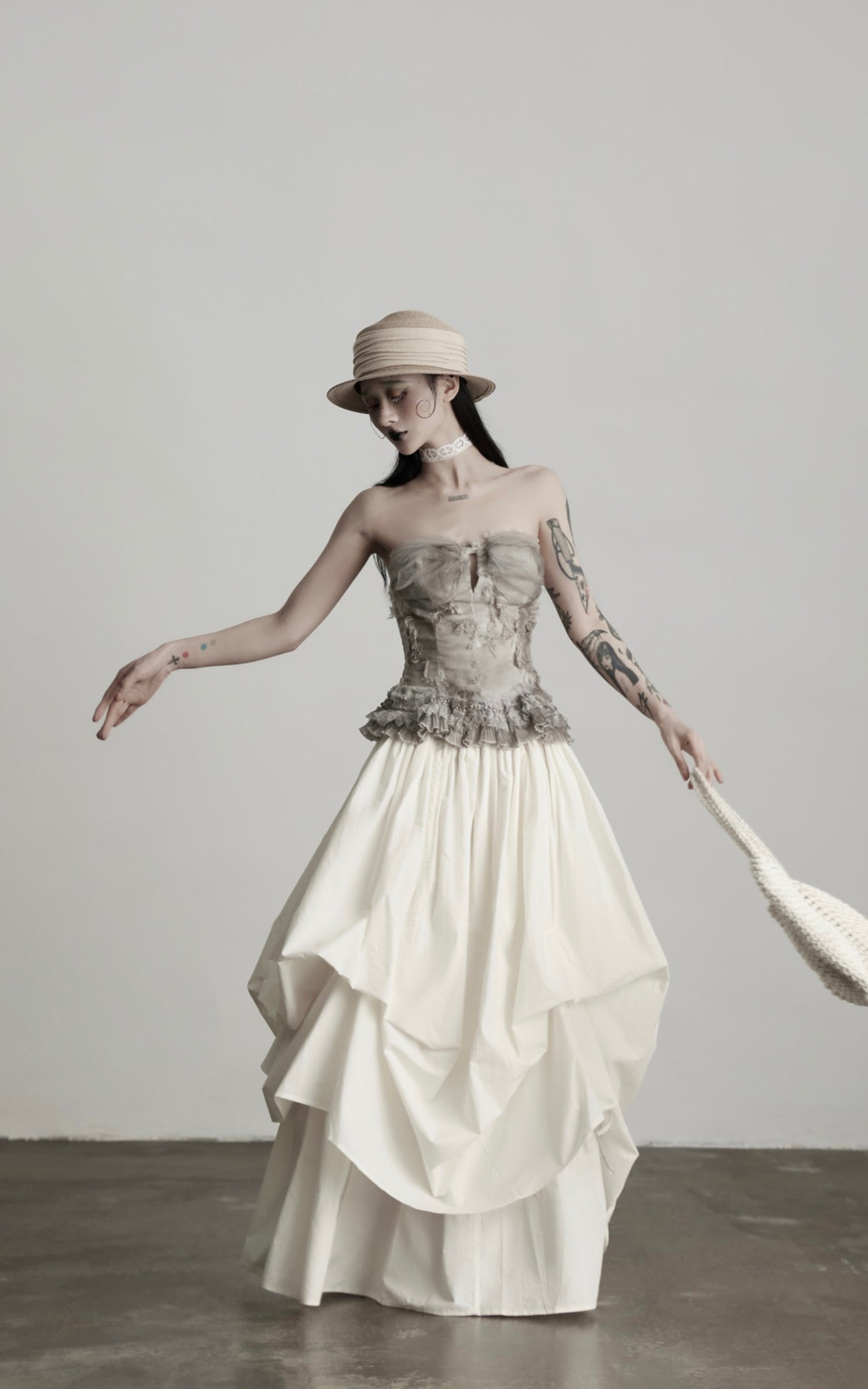 DOINDULGE Layered Cotton Skirt with Asymmetric Draped Hem