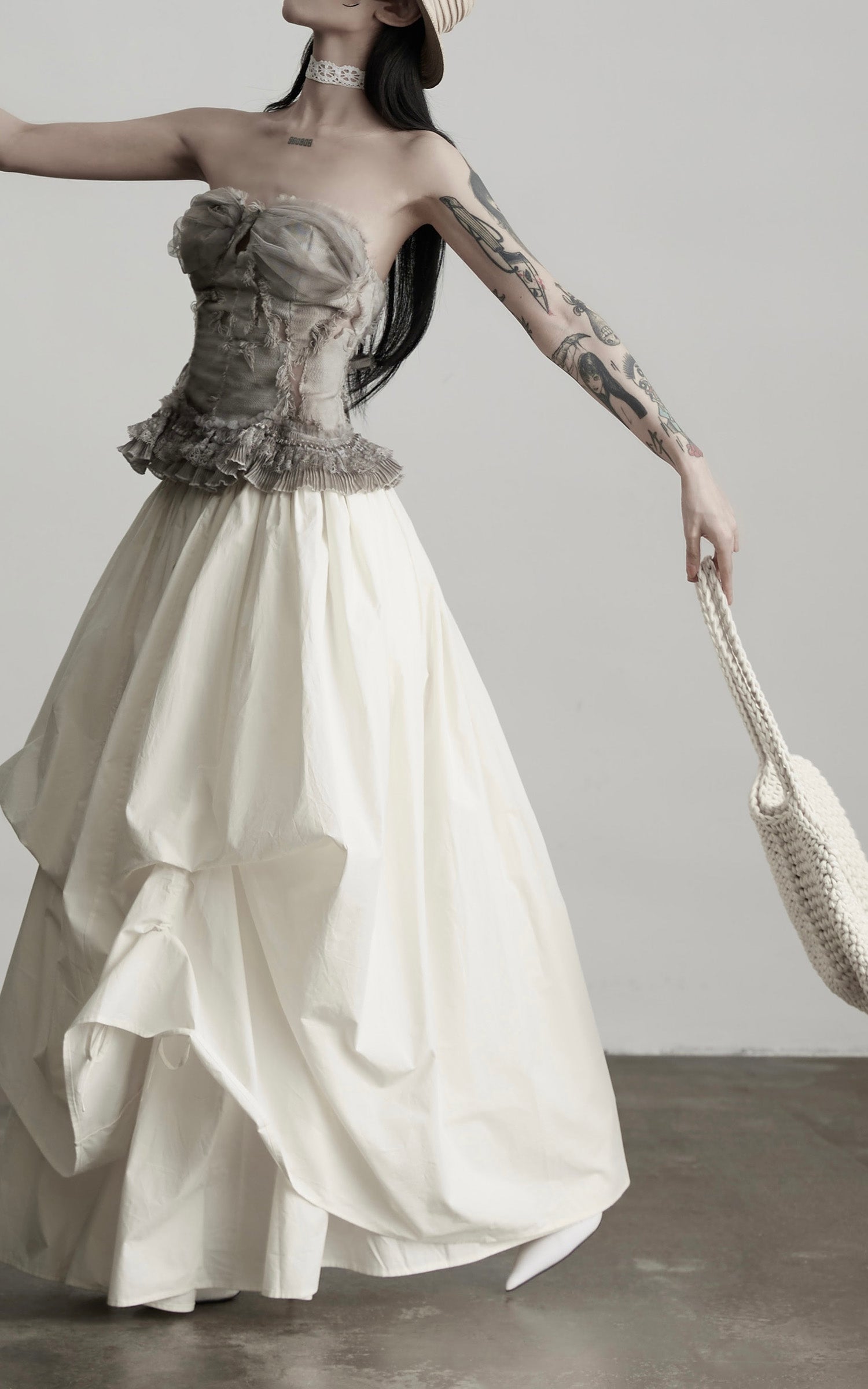 DOINDULGE Layered Cotton Skirt with Asymmetric Draped Hem