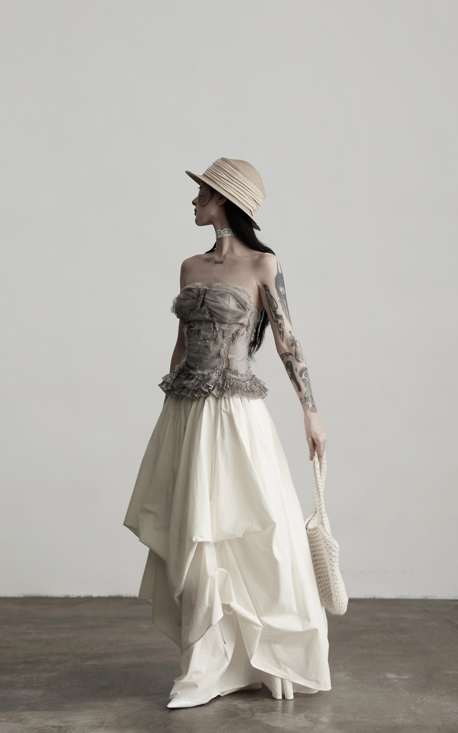 DOINDULGE Layered Cotton Skirt with Asymmetric Draped Hem