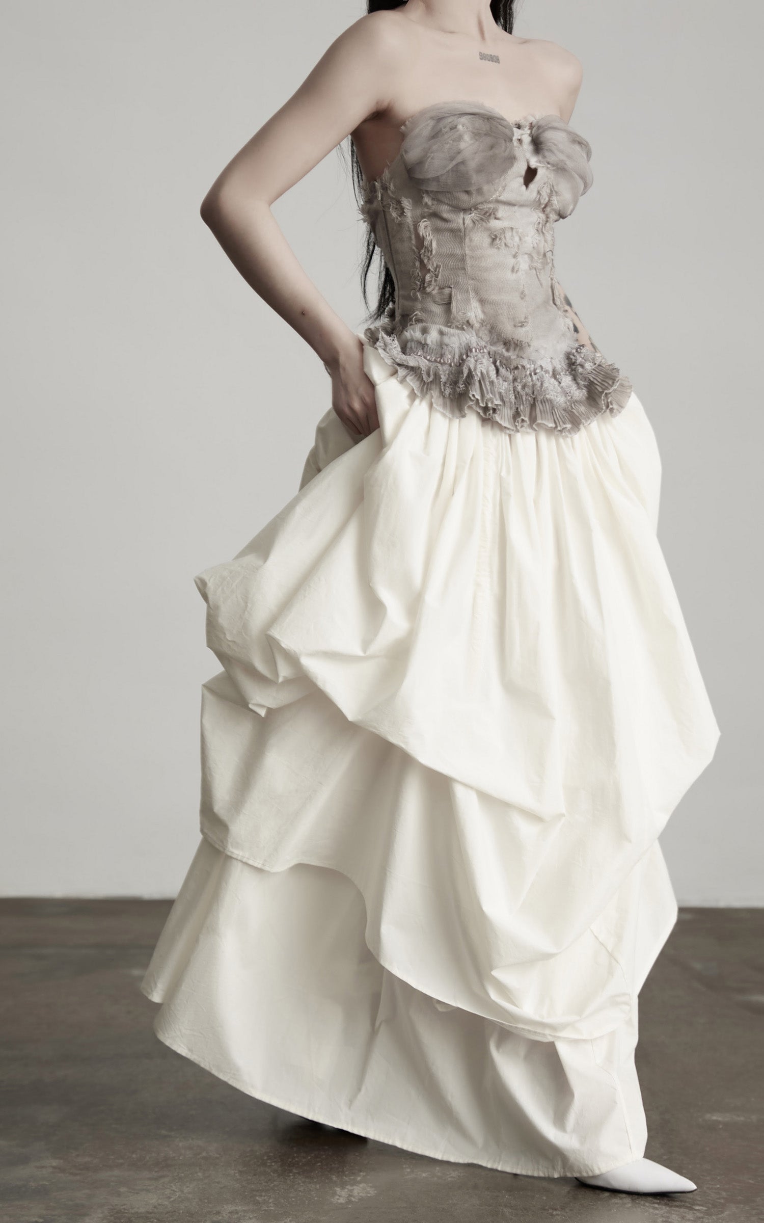 DOINDULGE Layered Cotton Skirt with Asymmetric Draped Hem